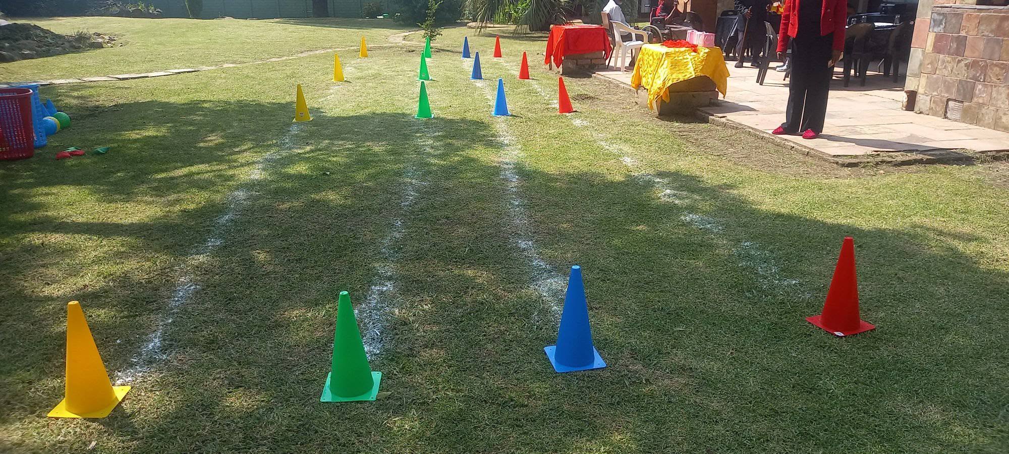 Colourful cones set out for a garden games day